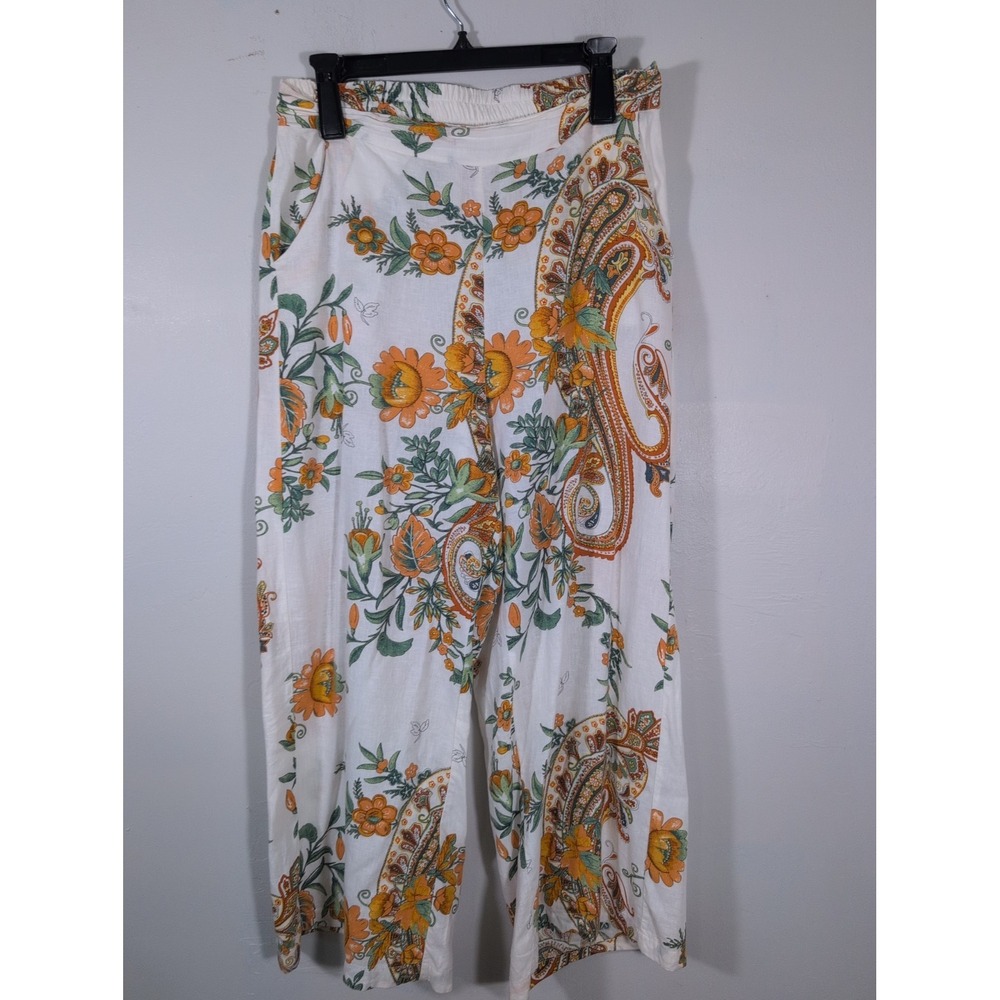 Rachel Zoe Women size S Bohemian white Floral Elastic Waist Wide Leg Pants